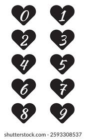 Table of Numbers from 0 to 9, made in black hearts on a white color background