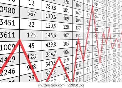 Table with a lot of numerical data and red graph line. Business information and statistics