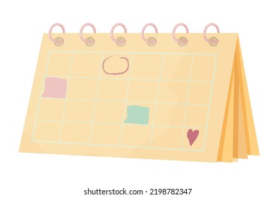 Table office calendar, simple pastel symbol, reminder in cartoon style isolated on white background. Hand drawn marks, appointment and heart.