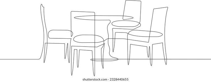 Table with office chairs. Continuous One line drawing art. Isolated vector illustration. Hand drawn contour on white background