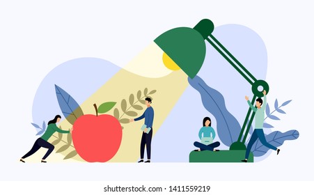 Table office lamp and red apple with human concepts, vector illustration