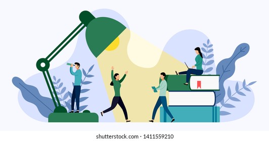 Table office lamp and stack of books with human concepts, vector illustration