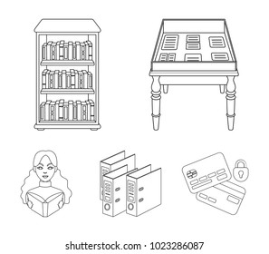 A table with old documents, bookshelves, folders, a visitor. A library and a bookstore set collection icons in outline style vector symbol stock illustration web.