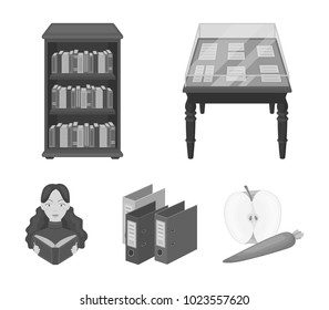 A table with old documents, bookshelves, folders, a visitor. A library and a bookstore set collection icons in monochrome style vector symbol stock illustration web.
