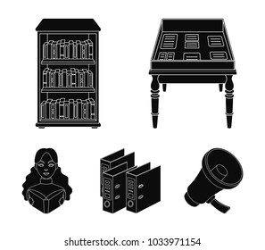 A table with old documents, bookshelves, folders, a visitor. A library and a bookstore set collection icons in black style vector symbol stock illustration web.