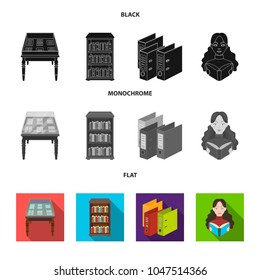 A table with old documents, bookshelves, folders, a visitor. A library and a bookstore set collection icons in black, flat, monochrome style vector symbol stock illustration web.