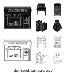 A table with old documents, bookshelves, folders, a visitor. A library and a bookstore set collection icons in black,outline style vector symbol stock illustration web.