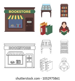 A table with old documents, bookshelves, folders, a visitor. A library and a bookstore set collection icons in cartoon,outline style vector symbol stock illustration web.
