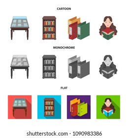 A table with old documents, bookshelves, folders, a visitor. A library and a bookstore set collection icons in cartoon,flat,monochrome style vector symbol stock illustration web.