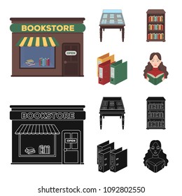 A table with old documents, bookshelves, folders, a visitor. A library and a bookstore set collection icons in cartoon,black style vector symbol stock illustration web.