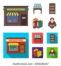 A table with old documents, bookshelves, folders, a visitor. A library and a bookstore set collection icons in cartoon,flat style vector symbol stock illustration web.