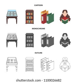 A table with old documents, bookshelves, folders, a visitor. A library and a bookstore set collection icons in cartoon,outline,monochrome style vector symbol stock illustration web.
