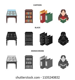A table with old documents, bookshelves, folders, a visitor. A library and a bookstore set collection icons in cartoon,black,monochrome style vector symbol stock illustration web.