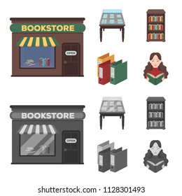 A table with old documents, bookshelves, folders, a visitor. A library and a bookstore set collection icons in cartoon,monochrome style vector symbol stock illustration web.