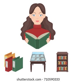 A table with old documents, bookshelves, folders, a visitor. A library and a bookstore set collection icons in cartoon style vector symbol stock illustration web.