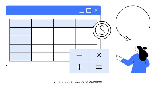 Table on screen with blue header, dollar sign indicating finance, calculator symbols, and female character pointing. Ideal for finance, data analysis, budgeting, business, digital tools. Simple