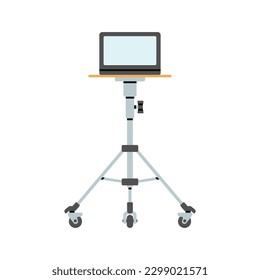 A table on wheels with a laptop. Professional photography equipment for studio. Production process. Hand drawn vector illustration isolated on white background.