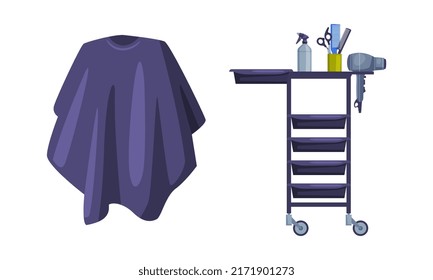 Table on wheels with shelves and cape. Professional hairdresser tools and barber supplies cartoon vector illustration