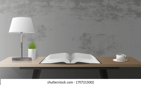 A table with an open book. Table lamp, cup of coffee, book, wooden table, concrete gray wall. Vector.