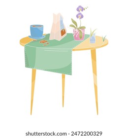 table with an orchid in a pot and a pot of soil, a package of soil for indoor plants