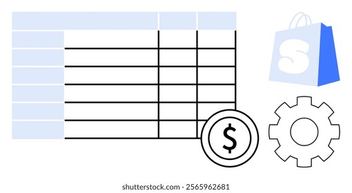 Table of organized data with rows and columns, accompanied by shopping bag, gear, and dollar sign. Ideal for financial planning, ecommerce, budget management, retail analytics, and business