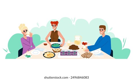 table outdoor brunch  vector.  restaurant party, summer bbq, wine dining table outdoor brunch character. people flat cartoon illustration
