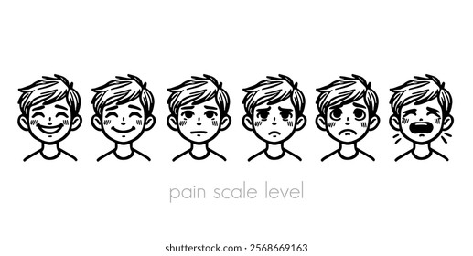 A table of the pain measurement scale with an image of a child's face. The emotions on the boy's face. A tool for assessing pain levels in patients. Flat black and white vector cartoon.