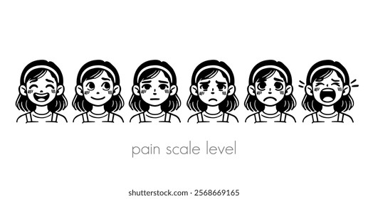 A table of the pain measurement scale with an image of a child's face. The emotions on the girl's face. A tool for assessing pain levels in patients. Flat black and white vector cartoon.