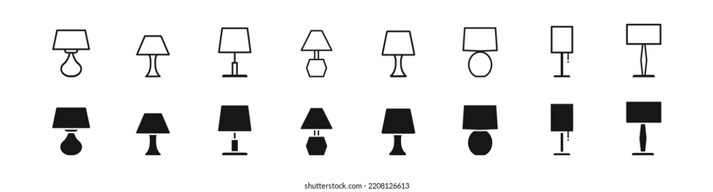 table pamp icon set, lightning symbol, desktop object,  different interior elements, decor  concept, vector illustration