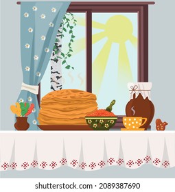 Table with pancakes and red caviar, sun, birch, cockerel on a stick.  Russian traditional treats.Vector illustration.