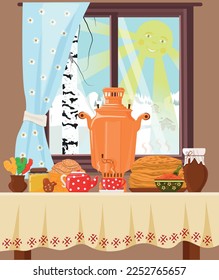 A table with pancakes, a samovar and red caviar by the window, with a birch tree. Russian treats.Vector illustration.