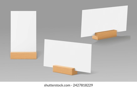 Table paper wooden holder. Card or menu display stand. Isolated 3d vector mockup of practical and versatile accessories that provide convenient way to showcase info during events or in the restaurant