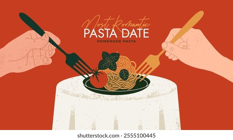 A table with pasta plate and two hands with forks. Pasta date illustration
