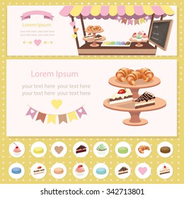 Table with pastries: croissant, cakes, cupcakes, cake, macaroon. Vector design template for bakery shop. Cake market visit card. Cake stand. Pastry shop