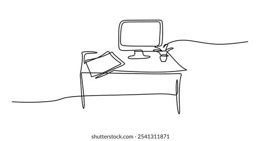 Table with a pile of paper and a plant illustrated in a continuous one line drawing. Concept of work and office. Hand-drawn minimalist design.