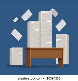 Table with pile of papers. Vector flat illustration