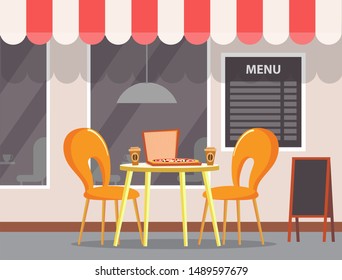 Table With Pizza And Coffee Plastic Cups. Pizzeria Cafe, Exterior Of Bistro Shop With Canopy On Roof. Seats For People, Eating Meal Outside. Vector Illustration In Flat Cartoon Style