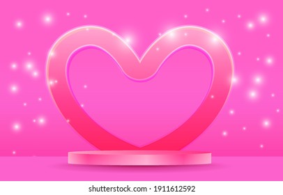 Table for placing products. Podium leave space. Love concept pink background. 
Pink hearts are backdrops. twinkle stars On the background.The podium is a cylinder. Valentines day theme for banner, web