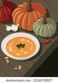 a table with a plate of pumpkin soup illustration, autumn cozy design, pumkin, nut, pepper, garlic, soup, cute wallpaper