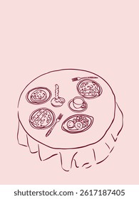 A table with plates of snacks, cups and candles. Vector illustration for invitations, postcards and posters. Illustration in the style of Dolce Vita.