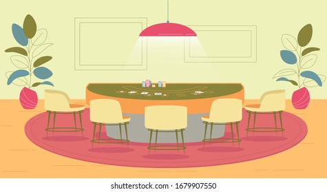 Table Play Poker in Casino, Place For Gambling. Bright Chandelier Hang above Large Round Table. Chair Around Table on Quality Carpet. On Side Decorative Plant in Pot, Picture on Wall.