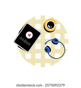 Table With Podcast Player, Headphones, And Coffee In Flat Vector Illustration Symbolizing Media Streaming, Creativity, And Relaxation, Isolated On White Background.