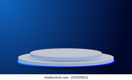 Table, podium, presentation monitor. Portal and hologram futuristic Neon color circle elements.