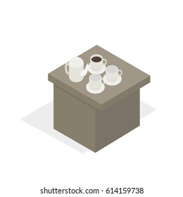 Table with porcelain tea set, break during business training on white background. Vector illustration of white teapot with two empty bowls, cup of coffee or tea standing on desk flat design.