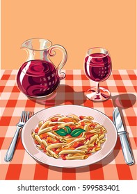 Table prepared a traditional tavern, with red and white checkered tablecloth, posed with a steaming and appetizing dish of pasta with tomato and basil.