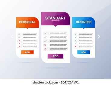 Table price comparison. Pricing 3 blocks for standard, personal and business compare tariff banners. Vector 