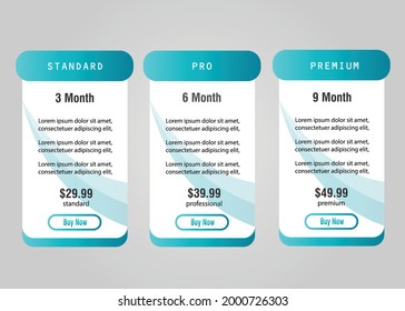 Table price comparison. Pricing 3 blocks for standard, professional and premium compare tariff banners. Vector illustration