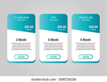 Preisvergleich der Tabelle. Preisgestaltung 3 Blöcke für Standard-, professionelle und Premium-Preisvergleichsmarken. Vektorgrafik