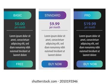Table price comparison. Pricing 3 blocks for Basic, Standard and Professional compare tariff banners. Vector illustration