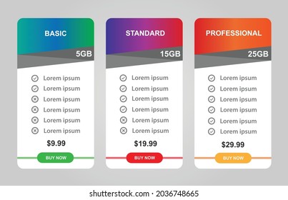 Table price comparison. Pricing 3 blocks for basic, standard and professional compare tariff banners. Vector illustration